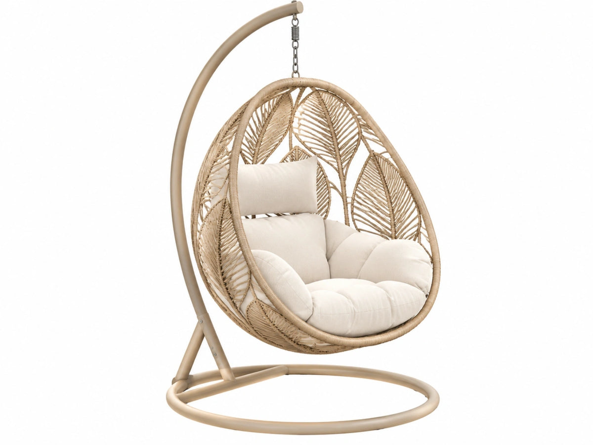 Hangstoel 105 x 105 x 195 cm - beige rotan en stalen frame - boho schommelstoel
