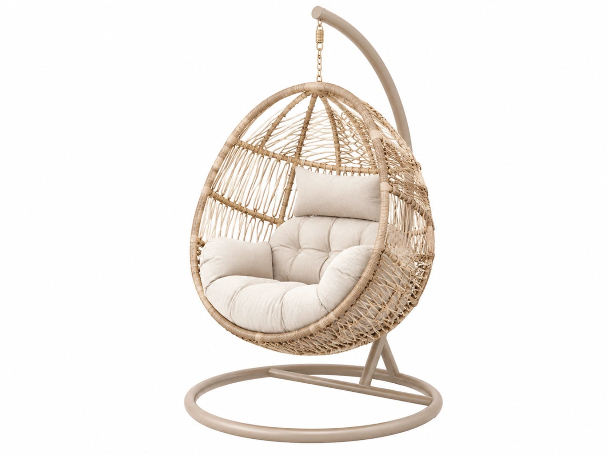 Hangstoel 105 x 105 x 195 cm met gevlochten rotanlook en metalen standaard beige