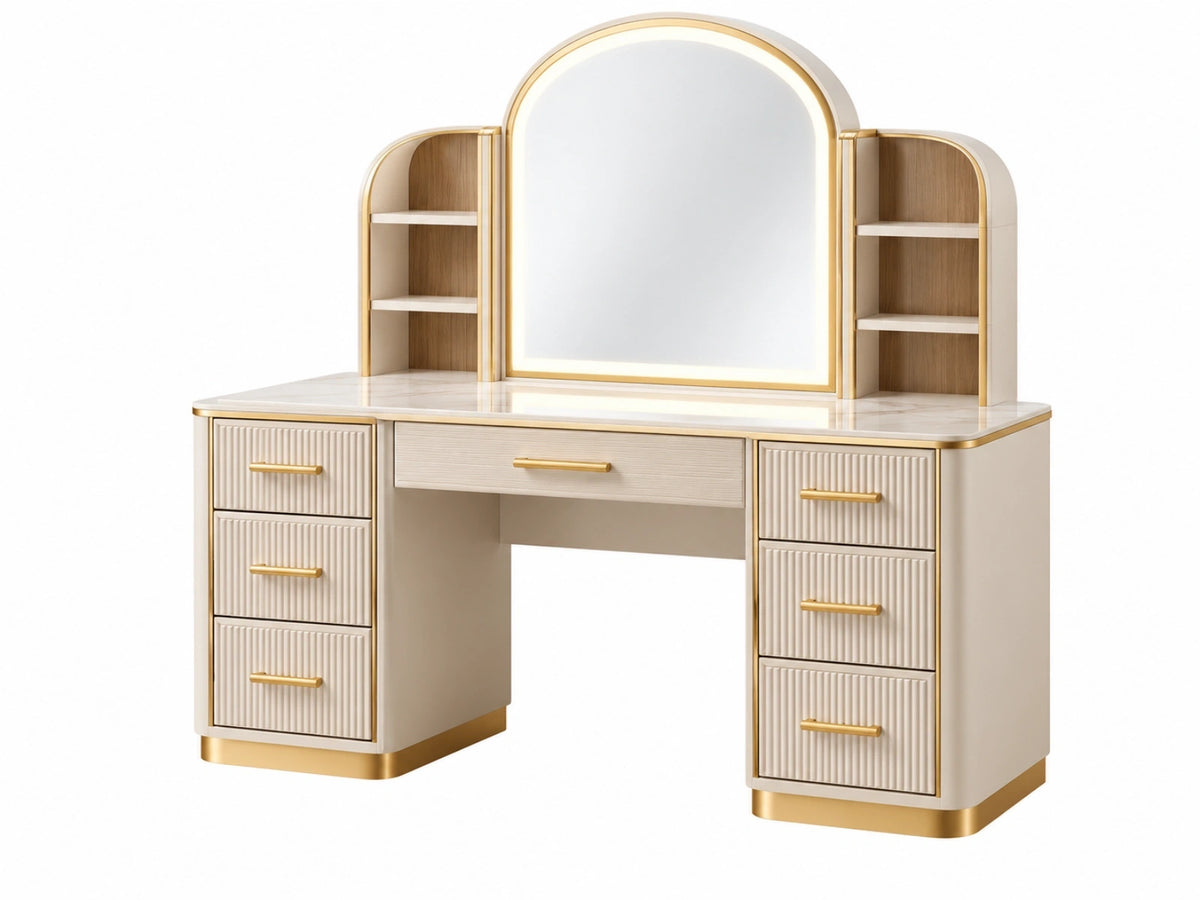 Kaptafel 140 x 45 x 155 cm crème/goud met spiegel en 7 laden moderne stijl