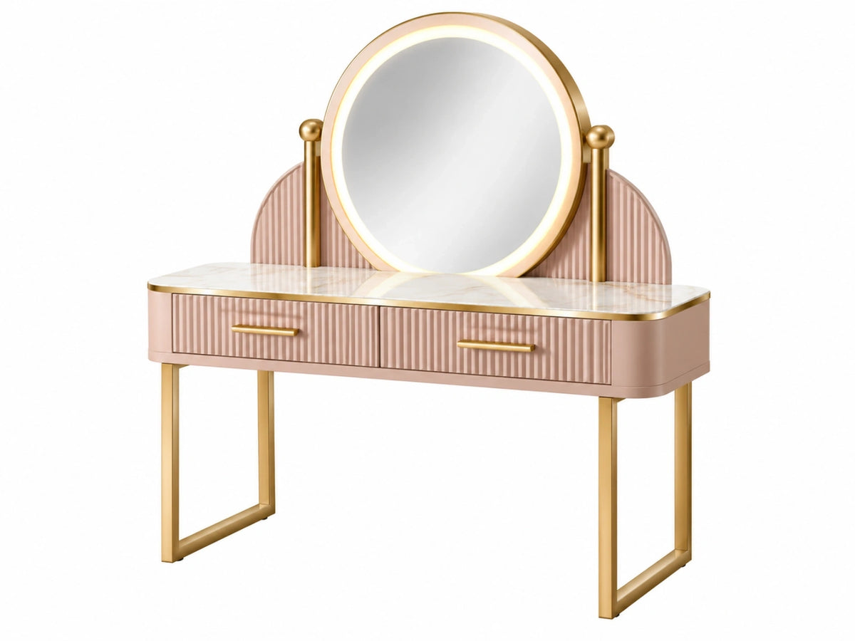 Kaptafel 100 x 45 x 140 cm roze goudkleurig MDF en glas met ronde spiegel en verlichting