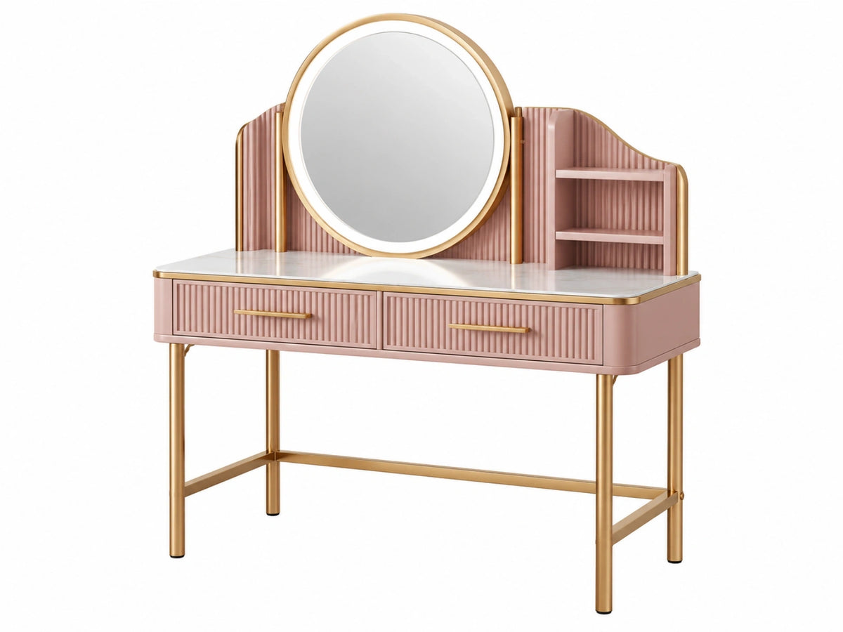 Kaptafel 120 x 45 x 150 cm roze en goud met metalen frame en spiegel - moderne make-uptafel met 2 laden