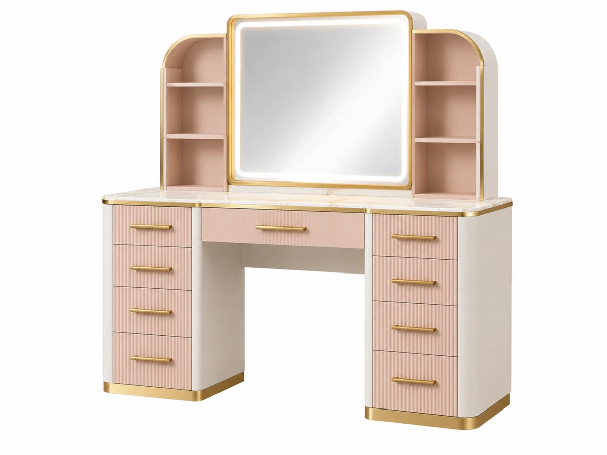 Kaptafel 120 x 45 x 150 cm roze wit goud - met spiegel verlichting en opbergladen