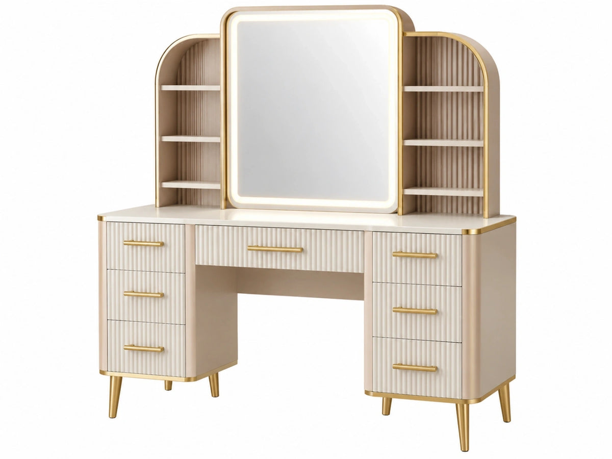 Kaptafel 120 x 45 x 160 cm crème en goud met spiegel verlichting en lades