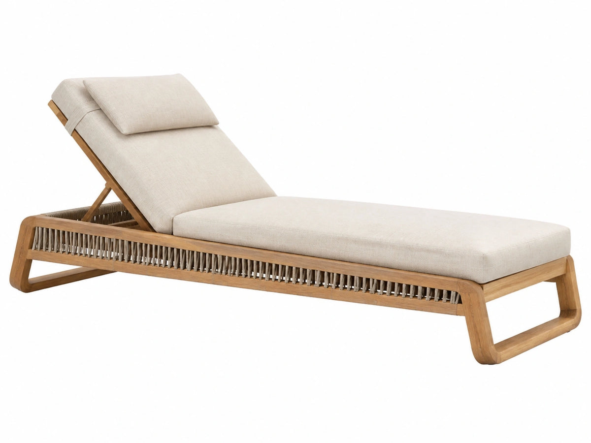 Ligbed 200 x 70 cm - houten frame beige textiele bekleding - verstelbare rugleuning voor buiten