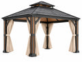 Tuinpaviljoen 300 x 300 cm zwart beige met metalen frame en gordijnen moderne overkapping