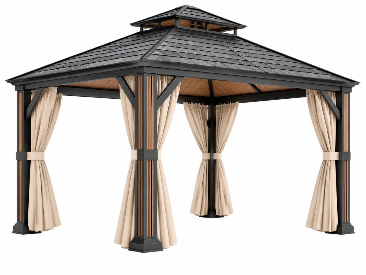 Tuinpaviljoen 300 x 300 cm zwart beige met metalen frame en gordijnen moderne overkapping