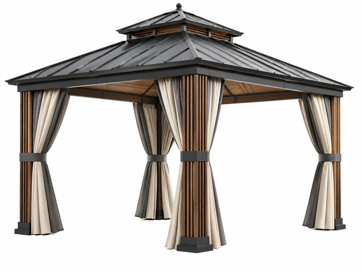 Paviljoen 300 x 300 x 300 cm staal en hout zwart/bruin met gordijnen