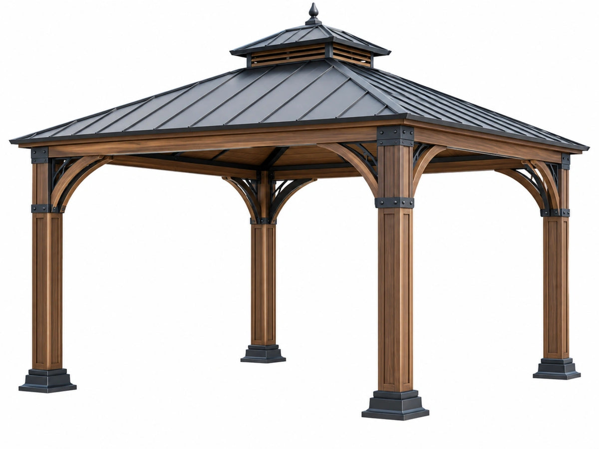Paviljoen 400 x 300 cm hout bruin antraciet metalen dak klassieke buitenoverkapping