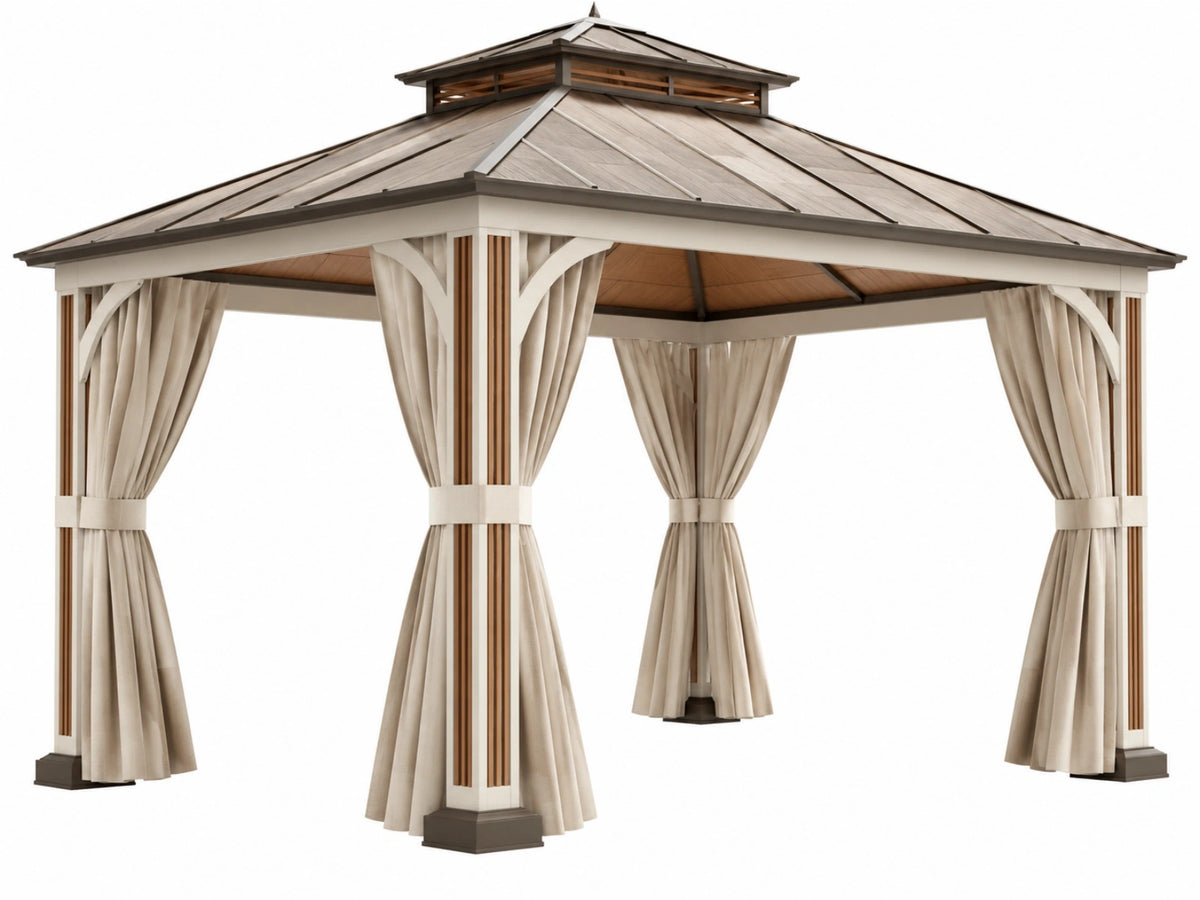 Tuinpaviljoen 300 x 300 x 300 cm met metalen dak en gordijnen crèmebruin