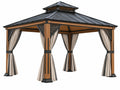 Prieel 400 x 400 x 340 cm - hout en metaal - bruin/zwart/beige - buitenpaviljoen met gordijnen