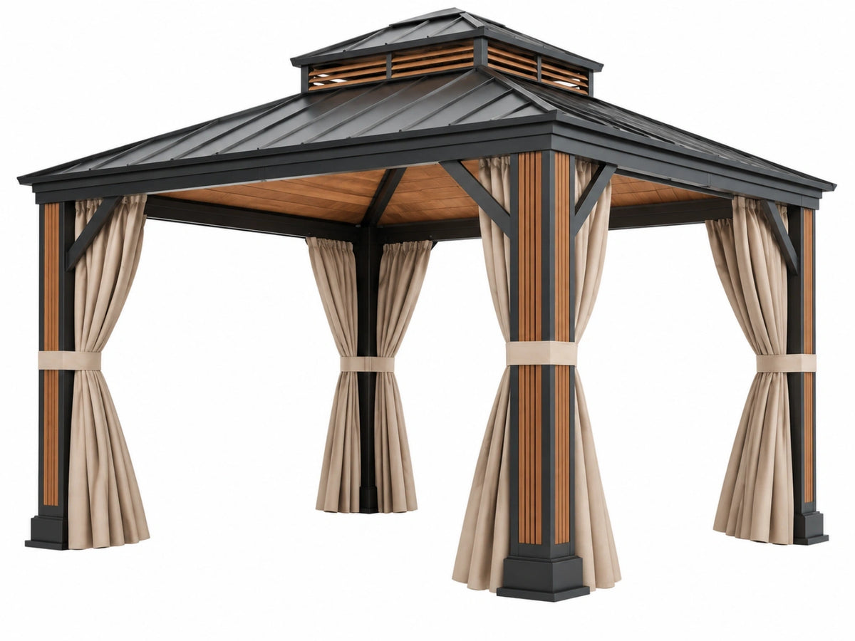 Tuinpaviljoen 400 x 300 x 320 cm zwart/bruin met metalen dak en gordijnen