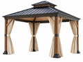 Buitenpaviljoen 300 x 300 cm van hout en metaal bruin zwart met gordijnen en ventilatiedak
