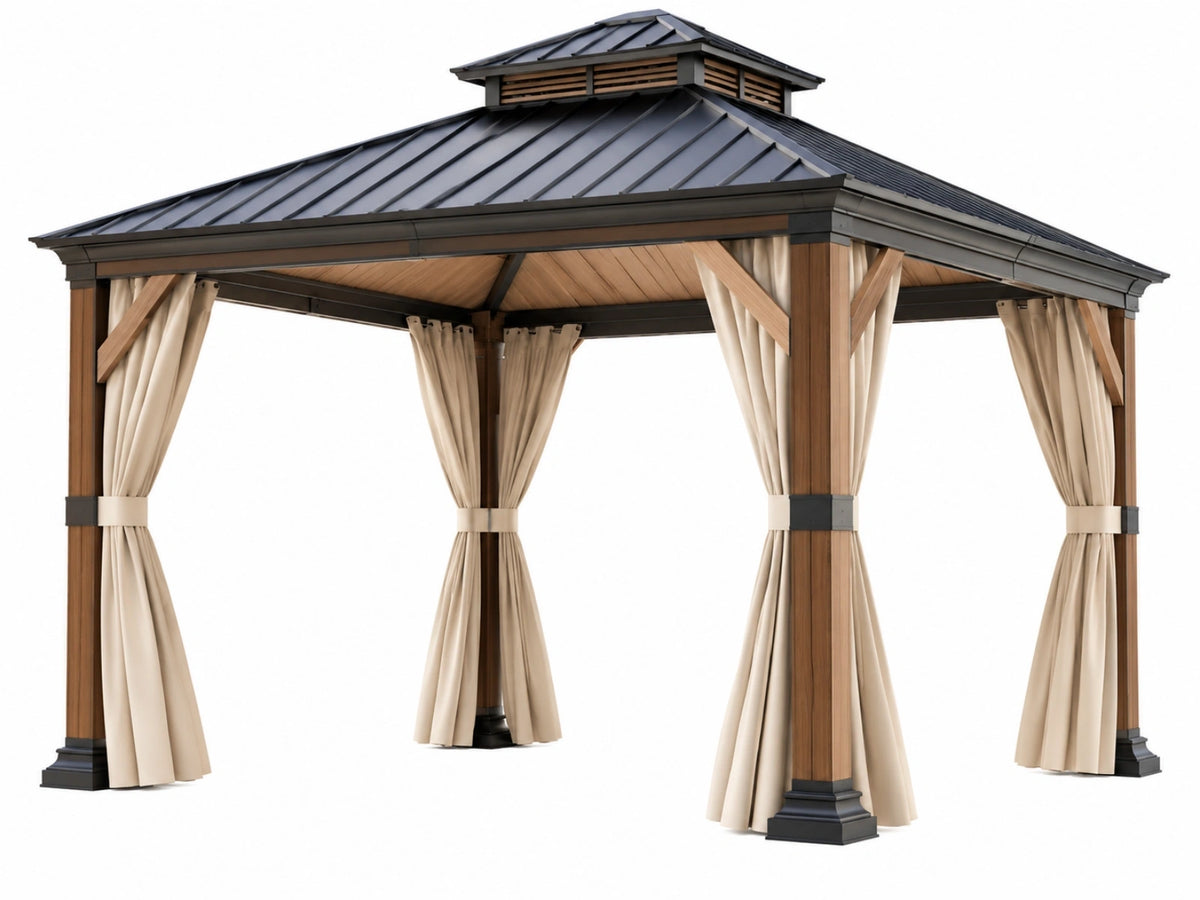 Buitenpaviljoen 300 x 300 cm van hout en metaal bruin zwart met gordijnen en ventilatiedak