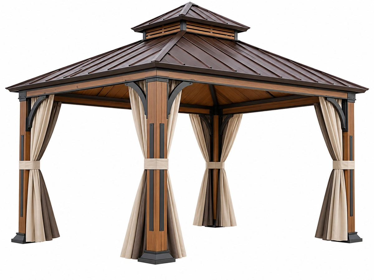 Tuinpaviljoen 300 x 300 cm bruin beige metaal met houtlook en gordijnen voor terras