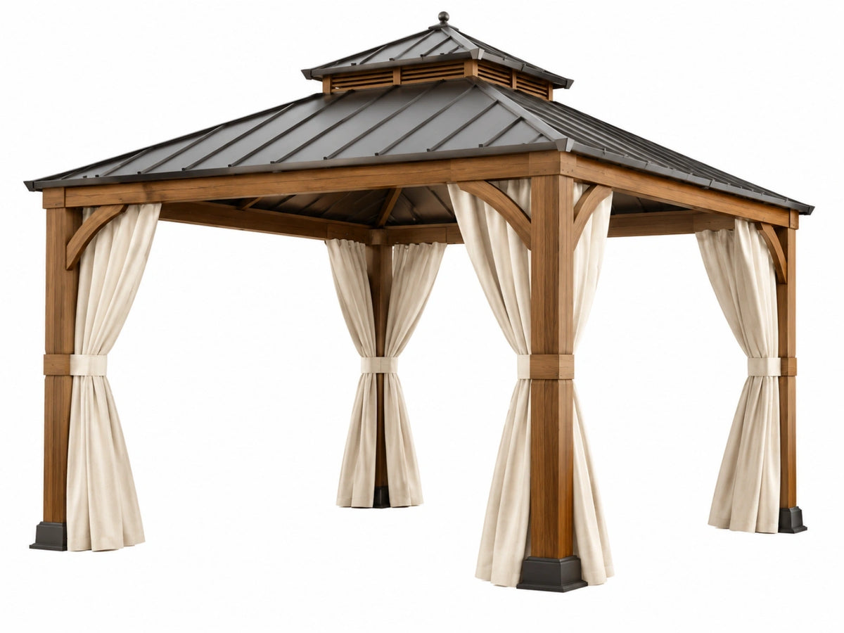 Tuinpaviljoen 300 x 300 x 300 cm hout bruin met crème gordijnen en metalen dak