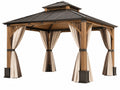 Houten tuinpaviljoen 400 x 400 x 320 cm bruin antraciet met gordijnen voor terras