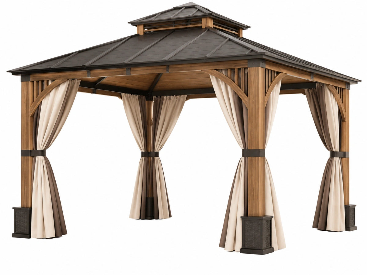 Houten tuinpaviljoen 400 x 400 x 320 cm bruin antraciet met gordijnen voor terras