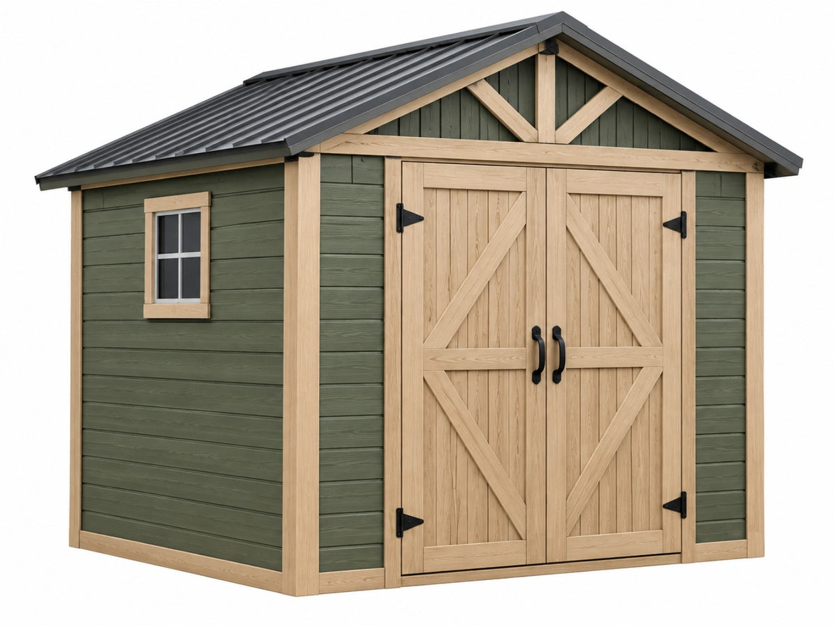Tuinhuis 240 x 180 x 220 cm hout groen/naturel - dubbele deuren metalen dak landelijke stijl