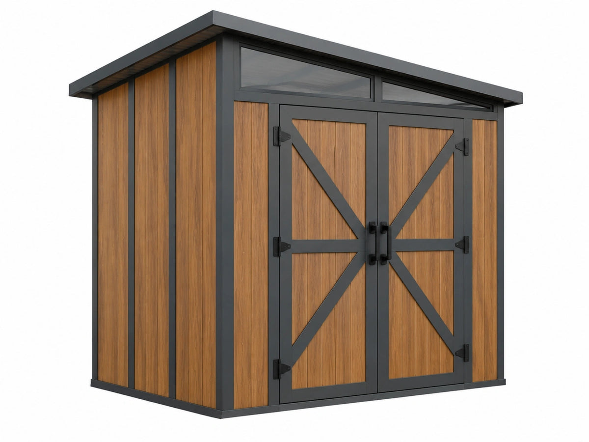 Tuinhuis 200 x 150 x 200 cm staal houtlook bruin zwart met dubbele deuren