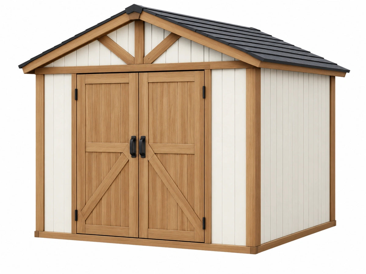 Tuinhuis 240 x 180 x 220 cm hout wit/naturel met dubbele deuren en zadeldak