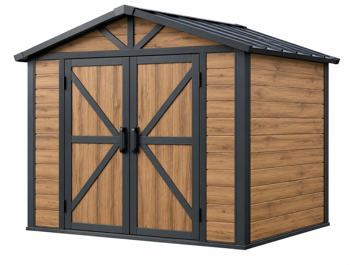 Tuinhuis 240 x 180 x 210 cm houtkleurig/antraciet met dubbele deuren en zadeldak