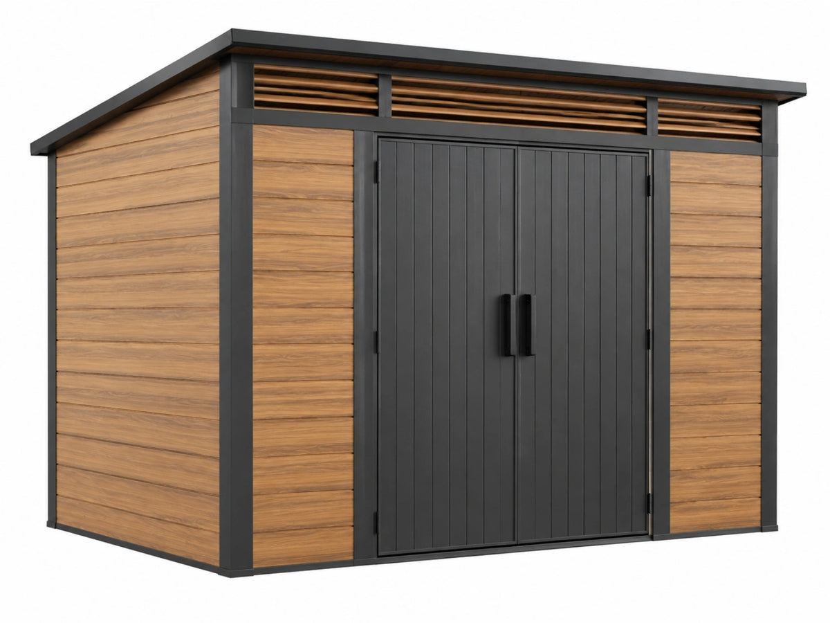 Tuinhuis 240 x 180 x 220 cm houtlook bruin zwart met dubbele deuren