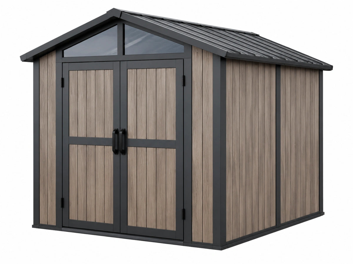 Tuinschuur 220 x 180 x 220 cm staal composiet houtkleur zwart - dubbele deuren moderne buitenberging