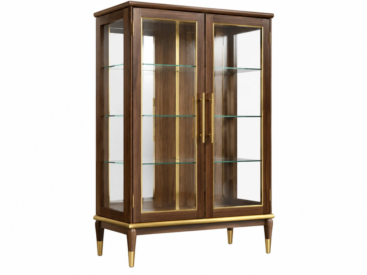 Vitrinekast 100 x 45 x 190 cm hout en glas donkerbruin goudkleurig - klassiek