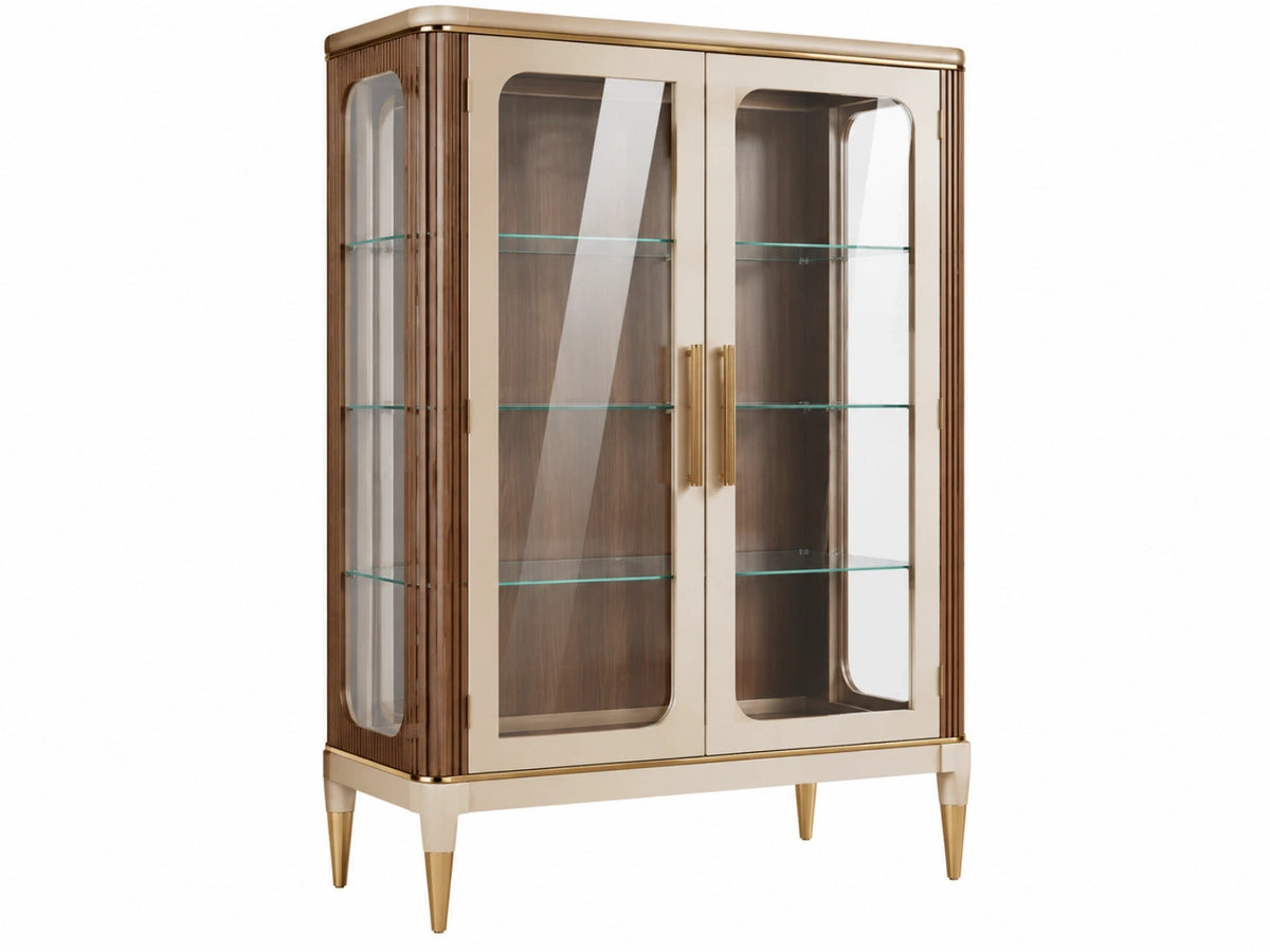 Vitrinekast 100 x 45 x 180 cm beige walnootkleurig glas met metalen accenten - klassieke opbergkast