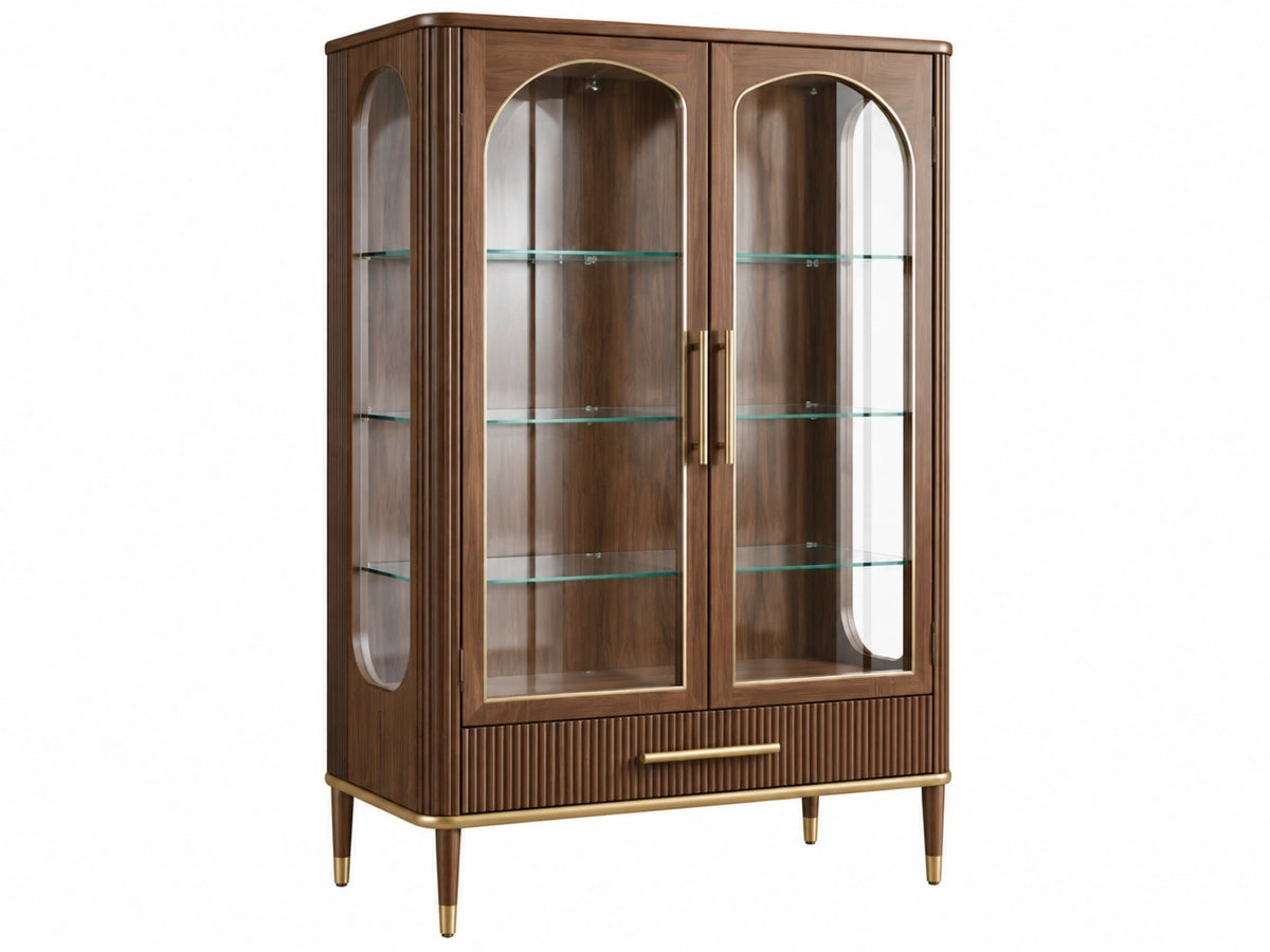Vitrinekast 120 x 45 x 190 cm donkerbruin hout en glas met lade klassieke opbergruimte